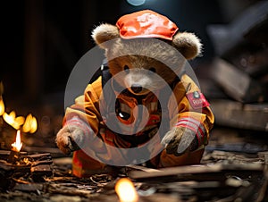 Bear cub firefighter puts out pretend fire