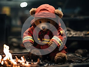 Bear cub firefighter puts out pretend fire