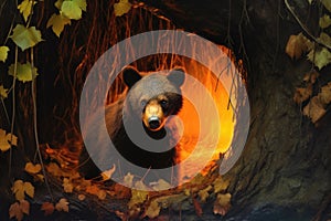 bear cub hiding in a cave with fire-lit forest visible at the entrance