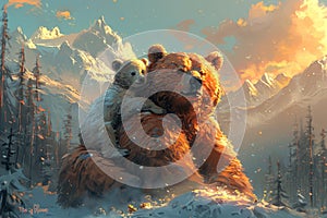 Bear and cub sharing a warm embrace in the snowy wilderness, a symbol of maternal love and protection. Postcard for the