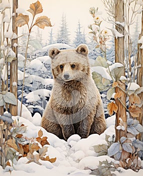 Bear cub in the snowy forest watercolor painting.