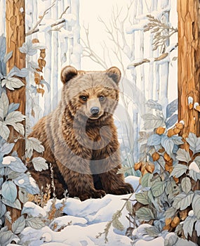 Bear cub in the snowy forest watercolor painting.