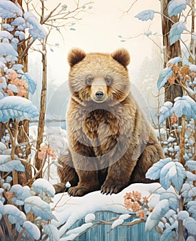 Bear cub in the snowy forest watercolor painting.