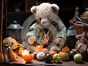 Bear cub zookeeper caring for toy animals