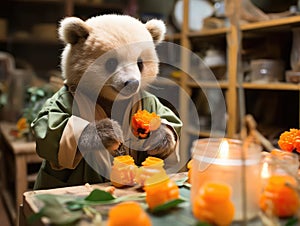 Bear cub zookeeper caring for toy animals