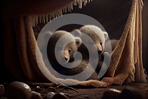 bear cubs playing in the den, surrounded by soft fur and warmness