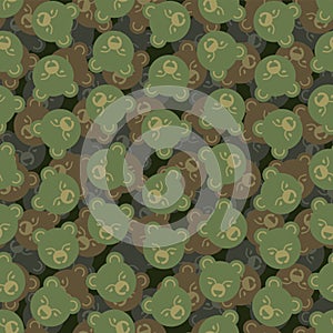 Bear cute face army pattern seamless. baby bear military background. protective fabric ornament