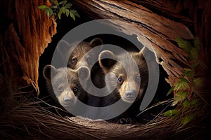 bear den, with baby bear cubs peeking out of their den