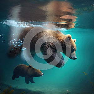 Bear diving underwater with her child, generative ai