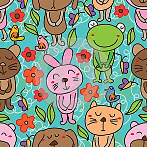 Bear dog cat mouse rabbit frog green seamless pattern