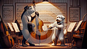a bear and a dog playing a musical instrument next to each other