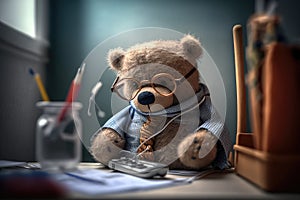 bear doll in doctor's office, with bandage and stethoscope