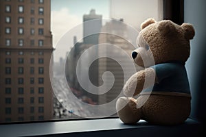 bear doll gazing out from the window, with view of the bustling city