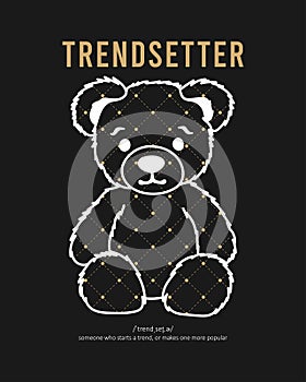 Bear doll line art t-shirt design and pattern with dots and dotted line, slogan - trendsetter. Tee shirt with bear.