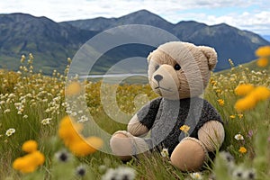 bear doll, sitting in meadow full of wildflowers, with a mountain range in the background