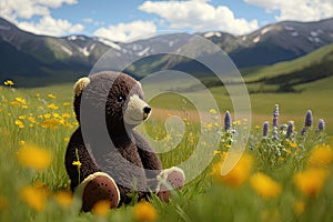 bear doll, sitting in meadow full of wildflowers, with a mountain range in the background