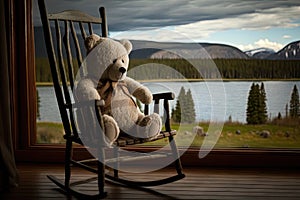 bear doll sitting in rocking chair, with view of tranquil lake