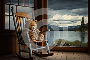 bear doll sitting in rocking chair, with view of tranquil lake