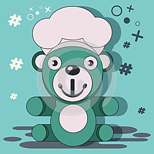 Bear doll wearing chef hat with mouth fork and spoon combination