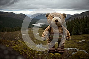 bear doll in wild and untouched forest, with a view of the mountains in the background