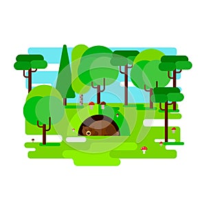 The bear dozing in a den.