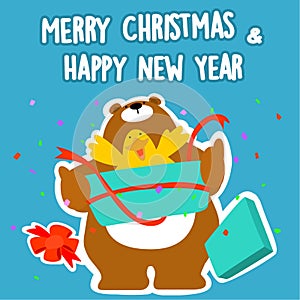 Bear and duck merry christmas and happy new year