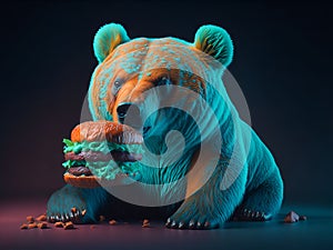 the bear eats a delicious burger.