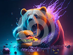 the bear eats a delicious burger.