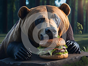 the bear eats a delicious burger.