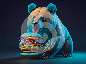 the bear eats a delicious burger.