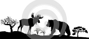Bear and elk black and white image, vector