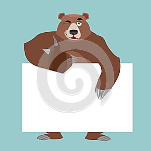 Bear and empty banner. Wild animal and blank. Beast and clean white sheet.