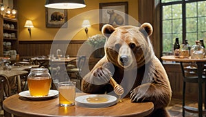 Bear Enjoying Honey in Cozy Diner Setting