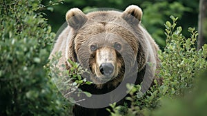 A bear explores its natural habitat, surrounded by lush foliage in the forest