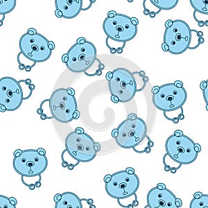 Bear face seamless pattern. Baby toy rattle. Cute bear's head and small rings. Blue and white background. Vector