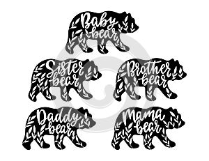 Bear family silhouettes with leaves. Kids poster for nursery. Mothers Day card.