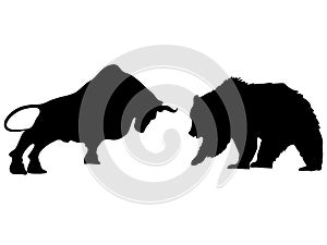 A bear fighting a bull in silhouette With stock market symbols on transpant background