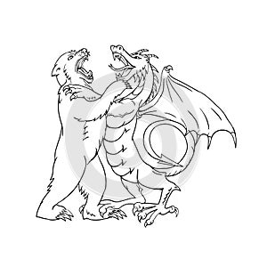 Bear Fighting Chinese Dragon Drawing Black and White