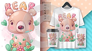 Bear in flower poster and merchandising