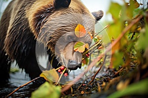 bear foraging for berries, vibrant foliage around