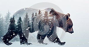 Bear and forest double exposure, concept of powerful nature