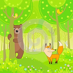 The bear, fox and hares play at hide-and-seek in the wood