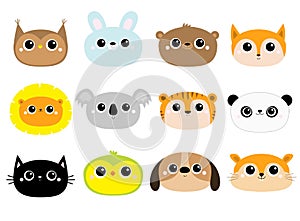 Bear Fox Owl Rabbit Dog Parrot Hamster Cat Lion Koala Panda Tiger round face icon set. Cute cartoon kawaii funny baby character.