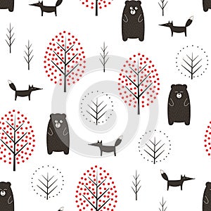 Bear, fox and trees seamless pattern on white background.