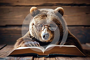 Bear with glasses with open book. Generate ai