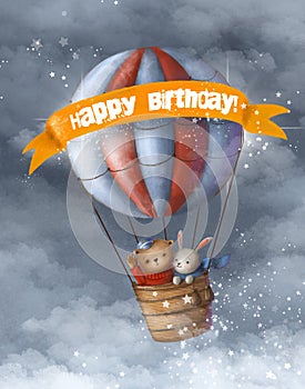 Bear and hare flying in aerostat, happy birthday card, children`s illustration with air balloons, holiday clipart