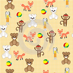 Bear, hare, Fox and monkey toys. Colorful seamless background of Teddy bears, hares, foxes and monkeys for girls and boys. It can
