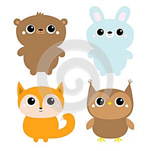 Bear hare rabbit fox owl. Forest animal toy icon line set. Cute kawaii cartoon funny baby character. Kids education cards. Flat