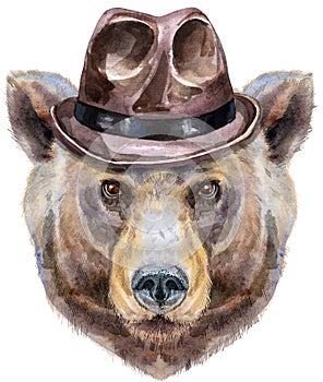 Bear head in brown hat. Watercolor bear painting illustration isolated on white background