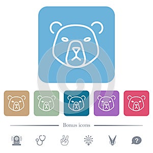 Bear head outline flat icons on color rounded square backgrounds